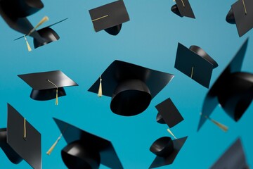 abstract background consisting of master's caps flying over the blue background. 3D render