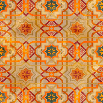 Retro arabesque pattern with colourful forms and grunge textured background.