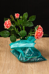 Rose flowers planted in a turquoise plastic bag. Concept of ecological and enviromental problems.