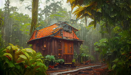 Wooden house in tropical forest under rain, generative ai illustration