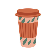 Pink and orange porcelain coffee and tea cup illustration. Ceramic mug for matcha, different beverages and drinks with cute Scandinavian pattern flat vector. Crockery, kitchen, cafe concept