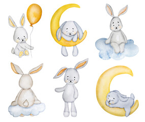 Cute watercolor bunny rabbit paintings for postcard