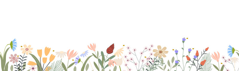 Seamless pattern Horizontal floral backdrop decoration with cute multicolored blooming flowers and leaves border on white background.Vector illustration Spring or Summer botanical flat design