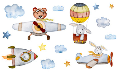 Cute watercolor bunny rabbit and bear paintings for postcard