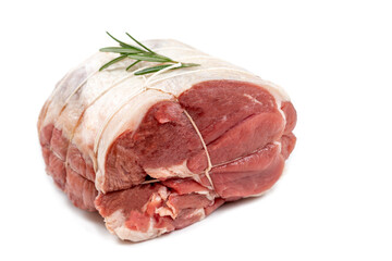 Buchery-Close up of a raw lamb roast in white background isolated.