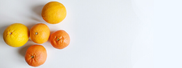 Oranges and tangerines on white background. Top view, flat lay, copy space, banner. Autumnal first fruits and seasonal concept.