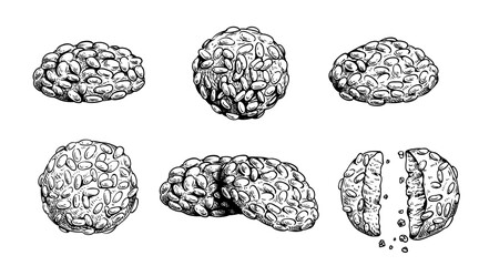 Traditional Italian cookies Pignoli. Italian biscuits set. Top and side view. Collection of homemade baked sweets. Hand drawn sketch style. Vintage illustrations isolated on white background.