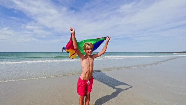 Boy hold parachute fly on wind at ocean beach profile image