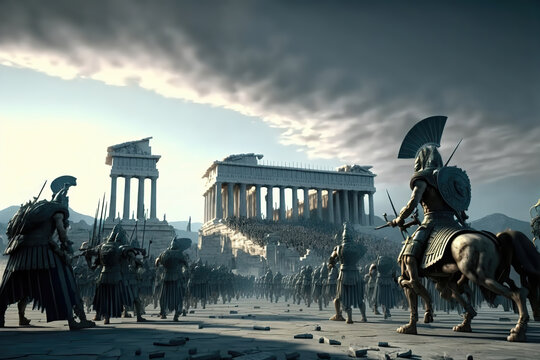 Generative AI : a battle between two Greek armies in front of the Acropolis Partheon in ancient Athens