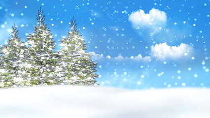 winter  forest landscape blue sky trees covered by snow ,white clouds in heart symbol ,snowflakes fall Christmas wonderland ,banner template ,background