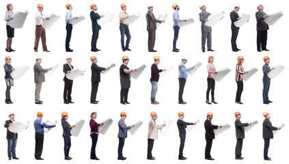 Fototapeta premium Collage profile of architect in hardhat with blueprints