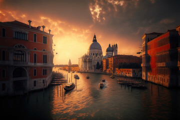 Plakat Generative AI : beautiful cityscape of Venice in Italy, with canals, boats, gondolas, houses, Grand Canal