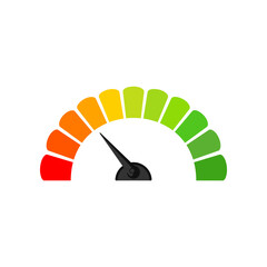Business score half circle speedometer illustration. Indicator with color blocks from red to green, customers satisfaction with service. Evaluation, gauge rating meter concept