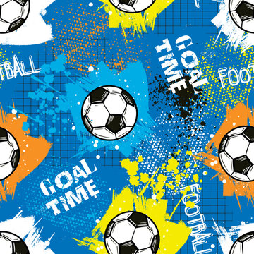Abstract seamless fooball pattern for boys, sport textile, fashion clothes, wrapping paper. Grunge urban repeat soccer ball print with words Goal. Colorful wallpaper 