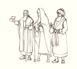Fototapeta na wymiar Pencil drawing. Wise men brought gifts to Jesus