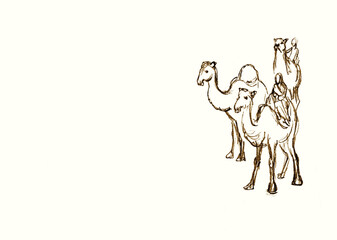 Pencil drawing scene. Camel settlers