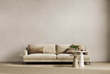 Front view on bright beige living room interior with sofa, coffee table and empty wall, 3d rendering