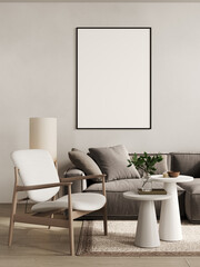 Big frame mockup in stylish beige interior space, 3d rendering
