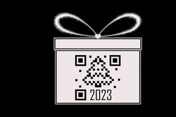 Outline of a white gift box with a bow, a QR code in the shape of a fir tree and the numbers 2023.