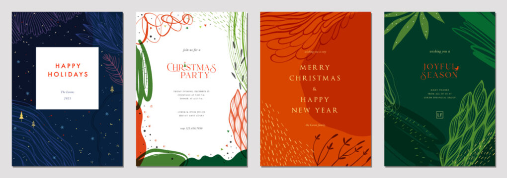 Christmas templates. Abstract Winter Holiday cards with universal decorative frames with copy space, Christmas Tree, birds and greetings. Vector background.