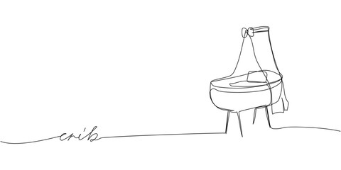 Canopy crib one line art with an inscription. Continuous line drawing of childhood, safety, protection, crib, children s sleep, sleep, relaxation, recreation.