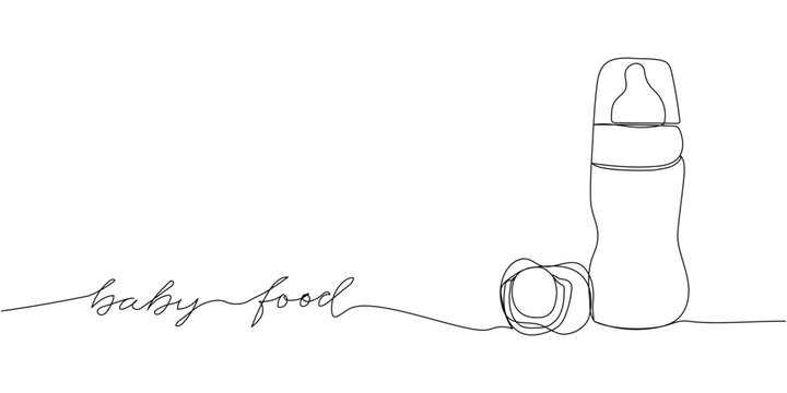 Baby bottle with pacifier one line art with an inscription baby food. Continuous line drawing of milk, feeding, baby, newborn, child, baby food, natural feeding, health.