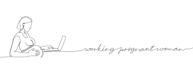 Working pregnant one line art with an inscription. Continuous line drawing of pregnancy, motherhood, preparation for childbirth, work during pregnancy, working woman, maternity leave.