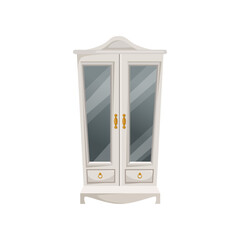 White cabinet with glass doors in classic style cartoon vector illustration. Wooden wardrobe, old fashioned furniture, vintage stuff isolated on white background. Interior concept