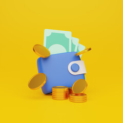 Funny 3D illustration of a blue wallet with money and coins on yellow background