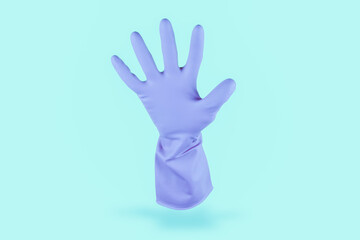 Light blue cleaning glove floating in the air counting 5 on cian background
