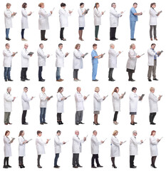 full length group of doctors with notepad isolated