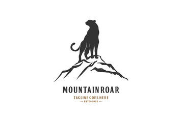 Mountain Rock with Jaguar Tiger Leopard Cheetah Puma Silhouette Logo Design
