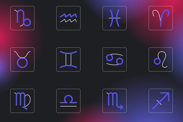Zodiac horoscope astrological thin line label linear design esoteric stylized elements symbols signs. Vector illustration icons