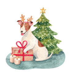 Cute dog sitting in front of the decorated Christmas tree with gift box. Jack Russell terrier. Watercolor illustration. 