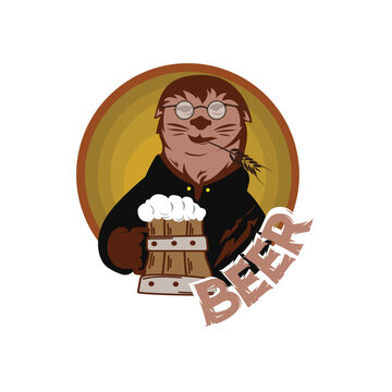 Grizzly Bear with a beer mug. Brewer with a glass cup.