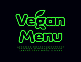 Vector lifestyle template Vegan Menu with decorative Leaf. Green trendy Font. Modern Alphabet Letters, Numbers and Symbols set