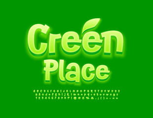 Vector eco concept Green Place with decorative Leaf. Artistic funny Font. Handwritten creative Alphabet Letters, Numbers and Symbols set