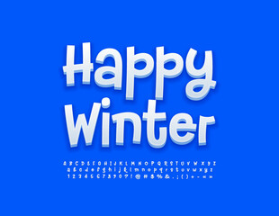 Vector funny poster Happy Winter. White handwritten Font. Playful Alphabet Letters, Numbers and Symbols set