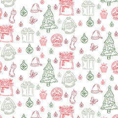 Christmas and Happy New Year seamless pattern with Christmas toys and gifts. Trendy retro style. Vector design template.