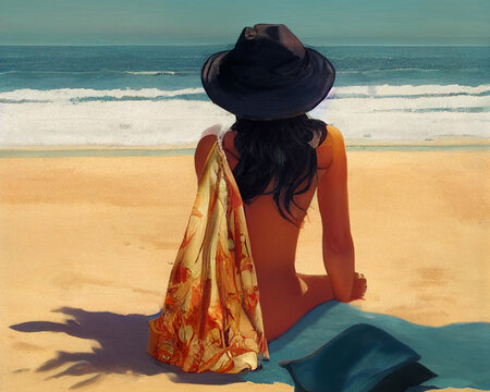Beautiful sexy girl tans on beach. Hot woman.