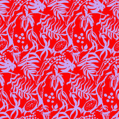 Seamless bright artistic pattern with tropical silhouettes of leaves and fruits drawn in dry brush gouache technique with pitahaya fruits and banana palm flowers