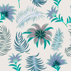 Fototapeta na wymiar Seamless pattern with flowers and tropical leaves of palm tree. Botany vector background