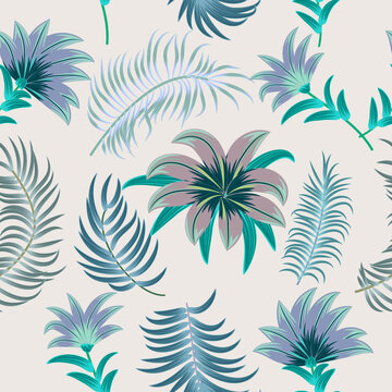 Seamless pattern with  flowers and tropical leaves of palm tree. Botany vector background