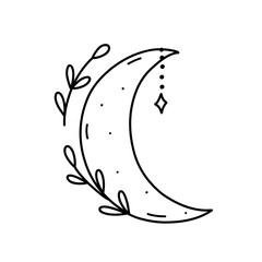 Magical decorated crescent isolated on white background. Vector hand-drawn illustration in doodle style. Perfect for cards, decorations, logo.
