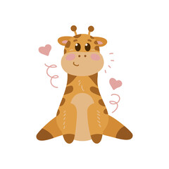 Obraz premium Adorable giraffe cartoon character sitting vector illustration. Watercolor drawing with cute baby animal sitting and smiling on white background. Wildlife concept for birthday card design