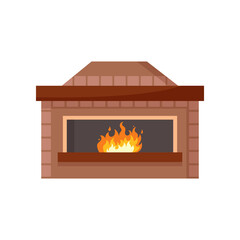 Red mantelpiece decorated with tiles cartoon illustration. Modern fireplace with burning wood isolated on white background. Interior, furniture, relaxation concept