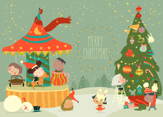 Happy Children riding Merry-go-Round in Christmas Amusement Park