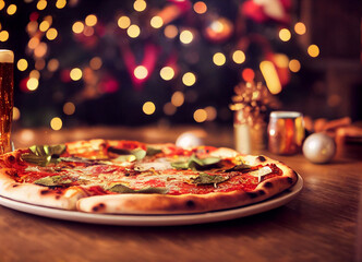 Pizza and beer on a table Christmas background	
