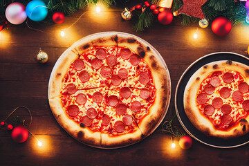 Pizza on a table with Christmas decorations