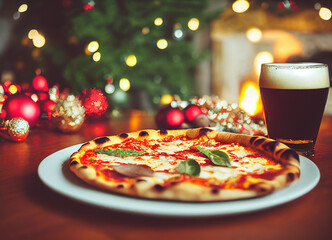 Pizza and beer on a table Christmas background	
